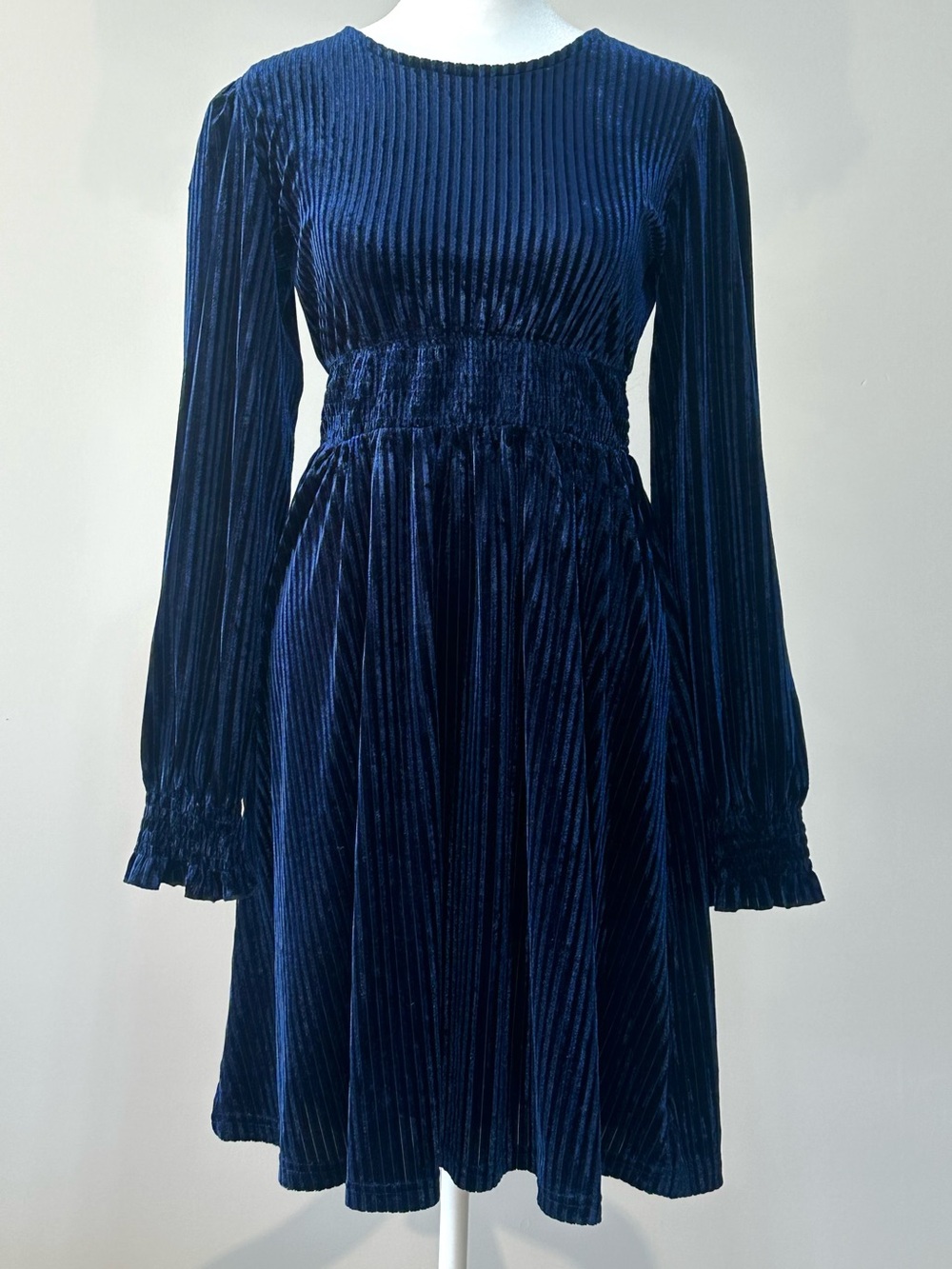 Blue Velvet Plissé Dress Approx Small Smocked Waist Long Sleeve Party Dress